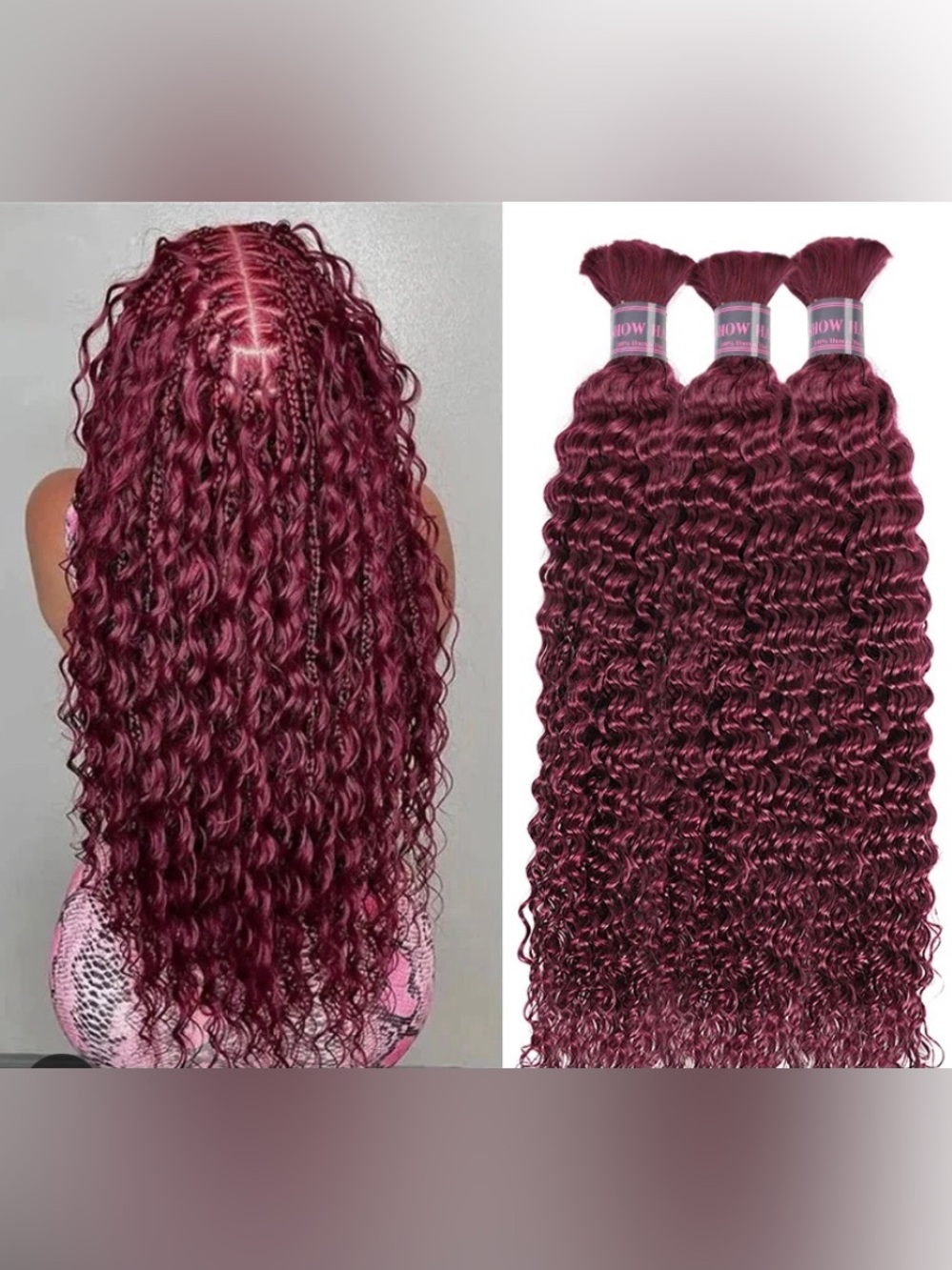 New 16in 100g 3 Bundles Burgundy 99J Deep Wave Bulk Raw Human Braiding Hair